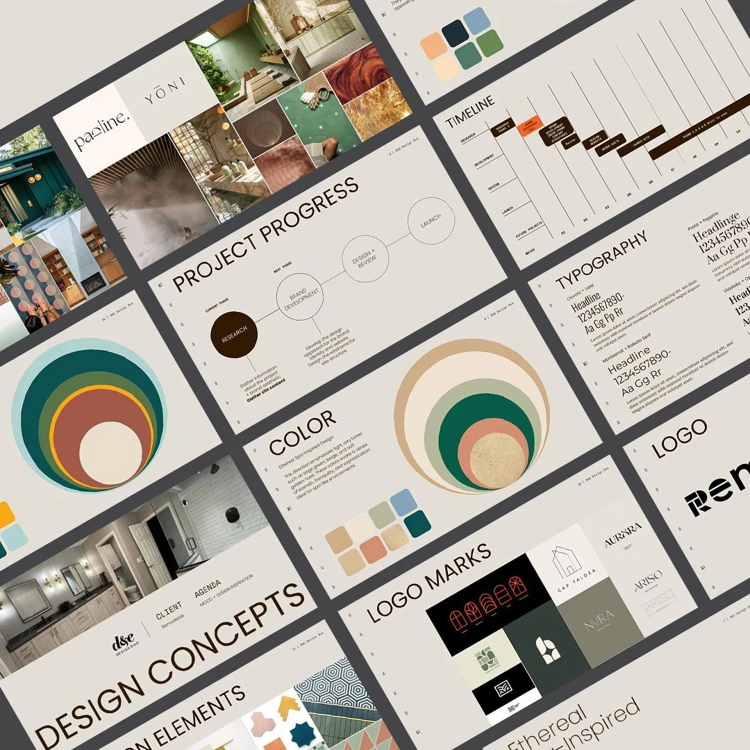 A collection of design presentation slides including project progress, color palette, typography, logo marks, and design concepts, focused on branding and interior design.