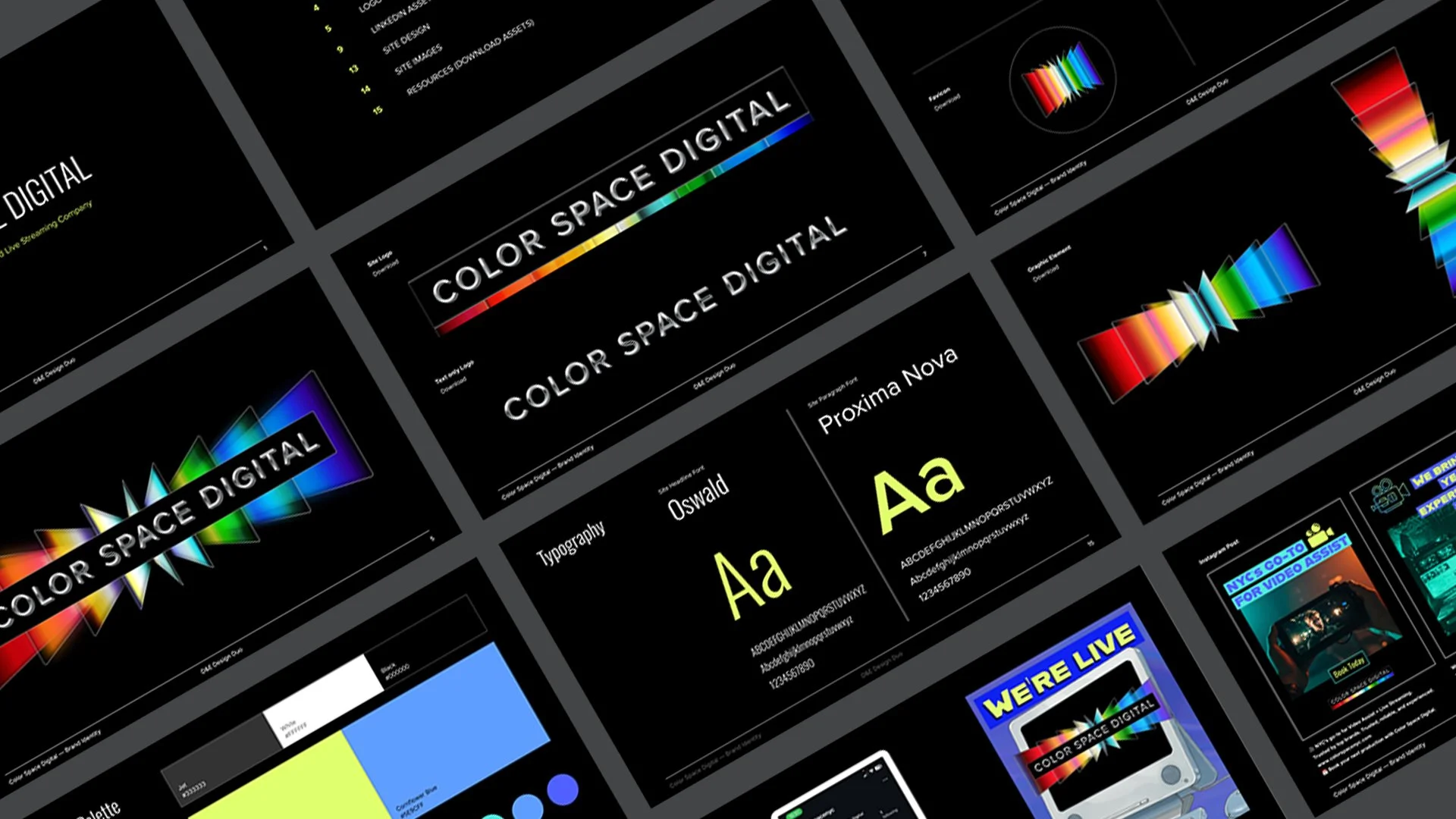 Collection of presentation slides showing digital color spectrum, typography samples, and graphic designs on black background.