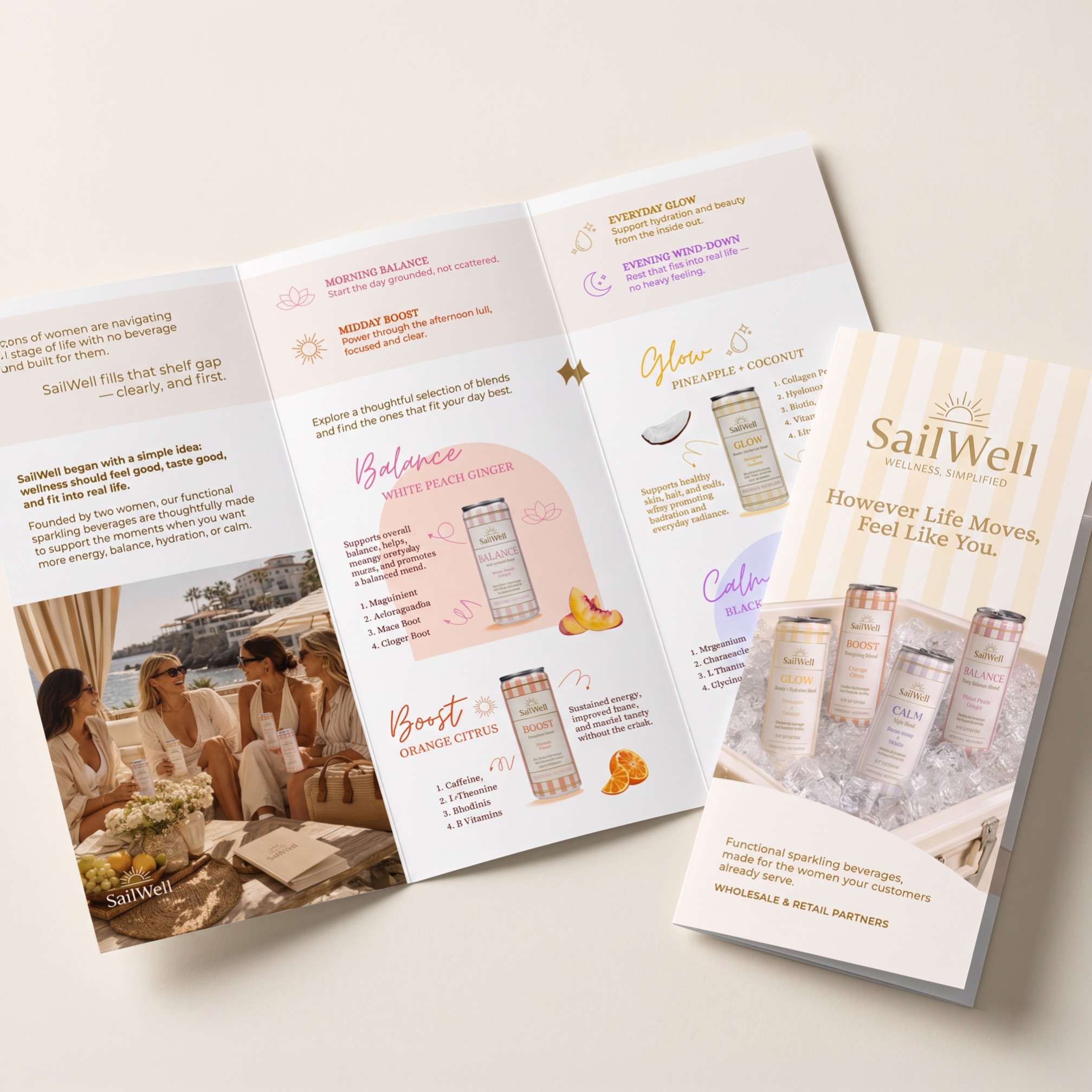 Brochure and flyer promoting SailWell wellness products featuring various infused drinks, with a beach scene of women socializing, and small bowls of fruit and a straw hat on a table.