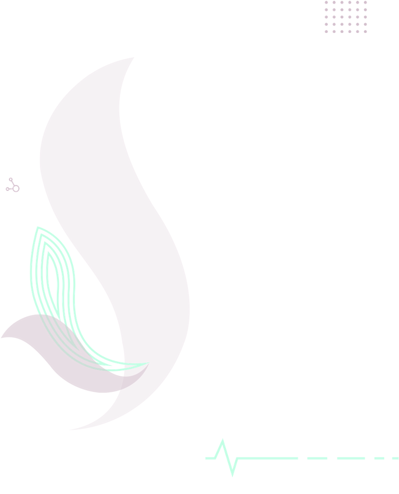 Stylized abstract design with a large lavender letter 'S', a teal heart rate line at the bottom, and decorative elements in in shades of purple and teal.