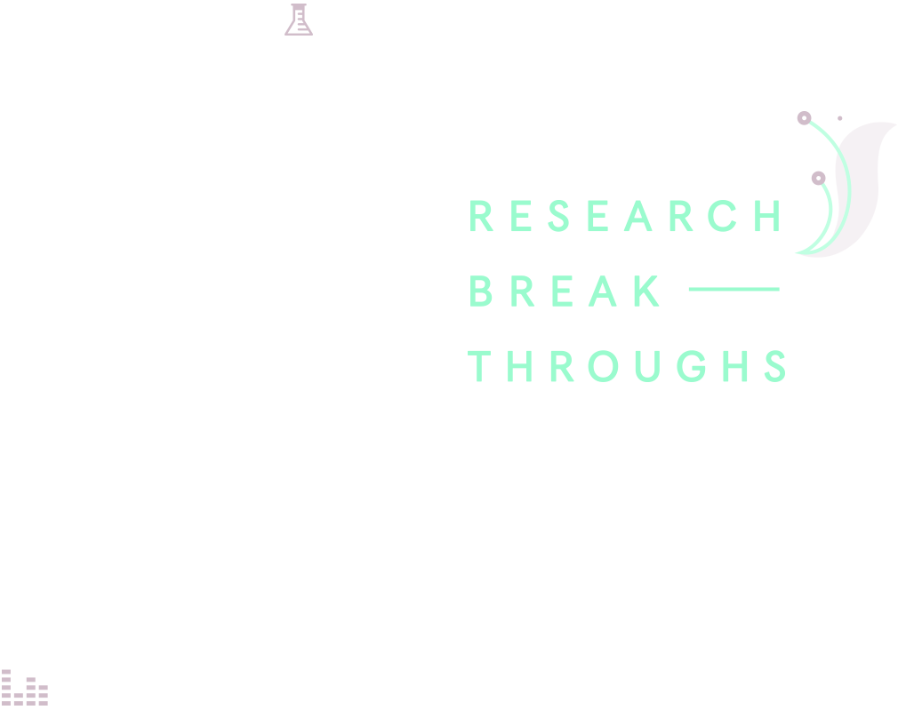 Graphic design with the text 'Research Breakthroughs' and a stylized crescent moon with surrounding dots, indicating a theme of innovation or discovery.