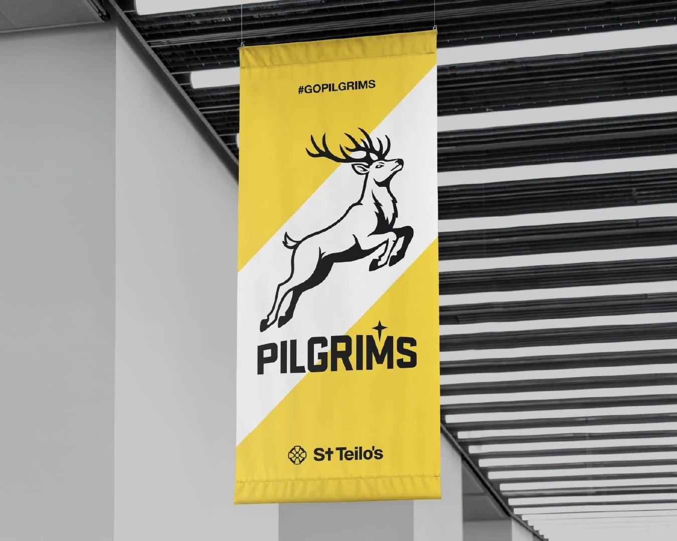 Pilgrims flag hanging from ceiling