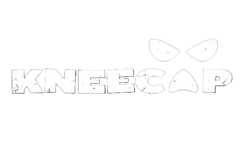 Black background with white text reading "KNEECAP" and a stylized face with angry eyes above the text.