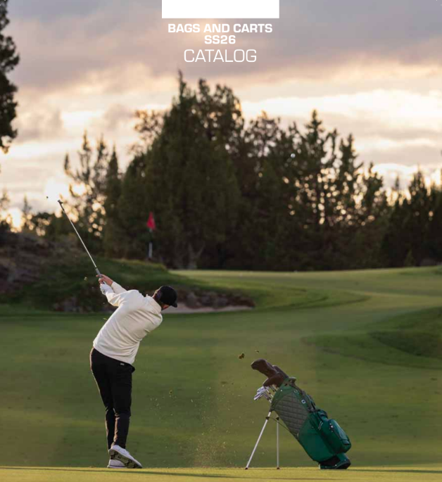 Golfer teeing off into a sunset with a black matchplay stand bag in the foreground