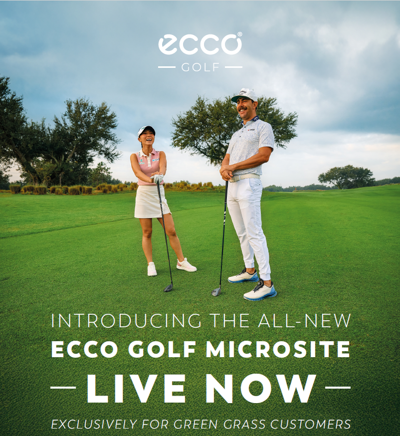 Golfer swinging club on grassy field with "Ecco Golf SS25" text.