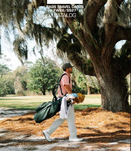 Golfer teeing off into a sunset with a black matchplay stand bag in the foreground
