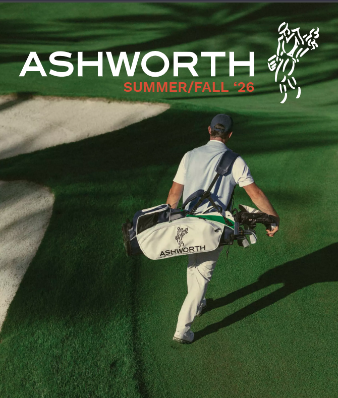 Ashworth Golf Company promotional image with golf ball pyramids on a driving range mat. Summer/Fall 2025 collection.