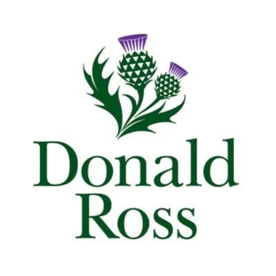 Logo featuring stylized thistle flowers with green leaves and purple flower tops, and the text 'Donald Ross' beneath the graphic.