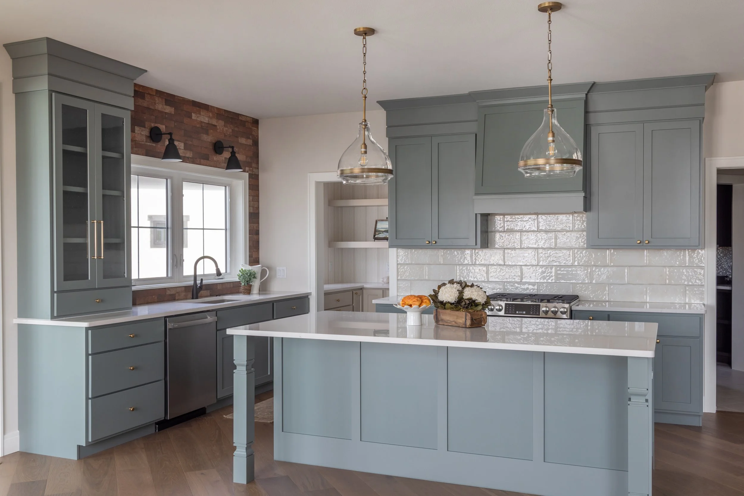 Blue and white kitchen cabinets