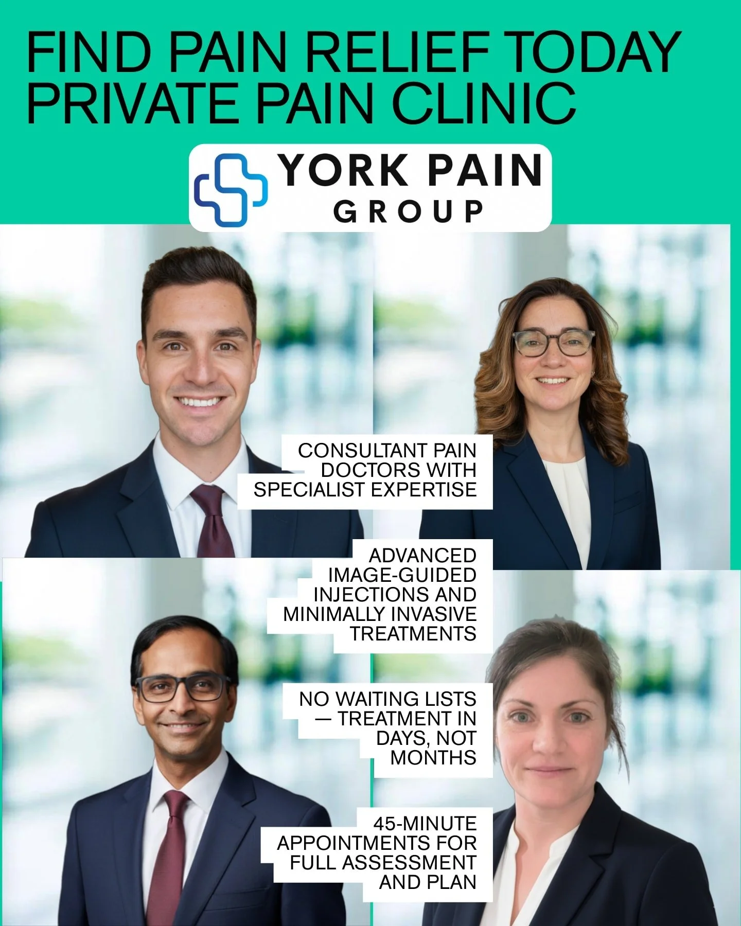 York Pain Group provides consultant led treatment for people living with complex, ongoing or severe pain. We focus on improving pain, function and quality of life using personalised care plans.

We specialise in treating:
&bull; Chronic low back pain
