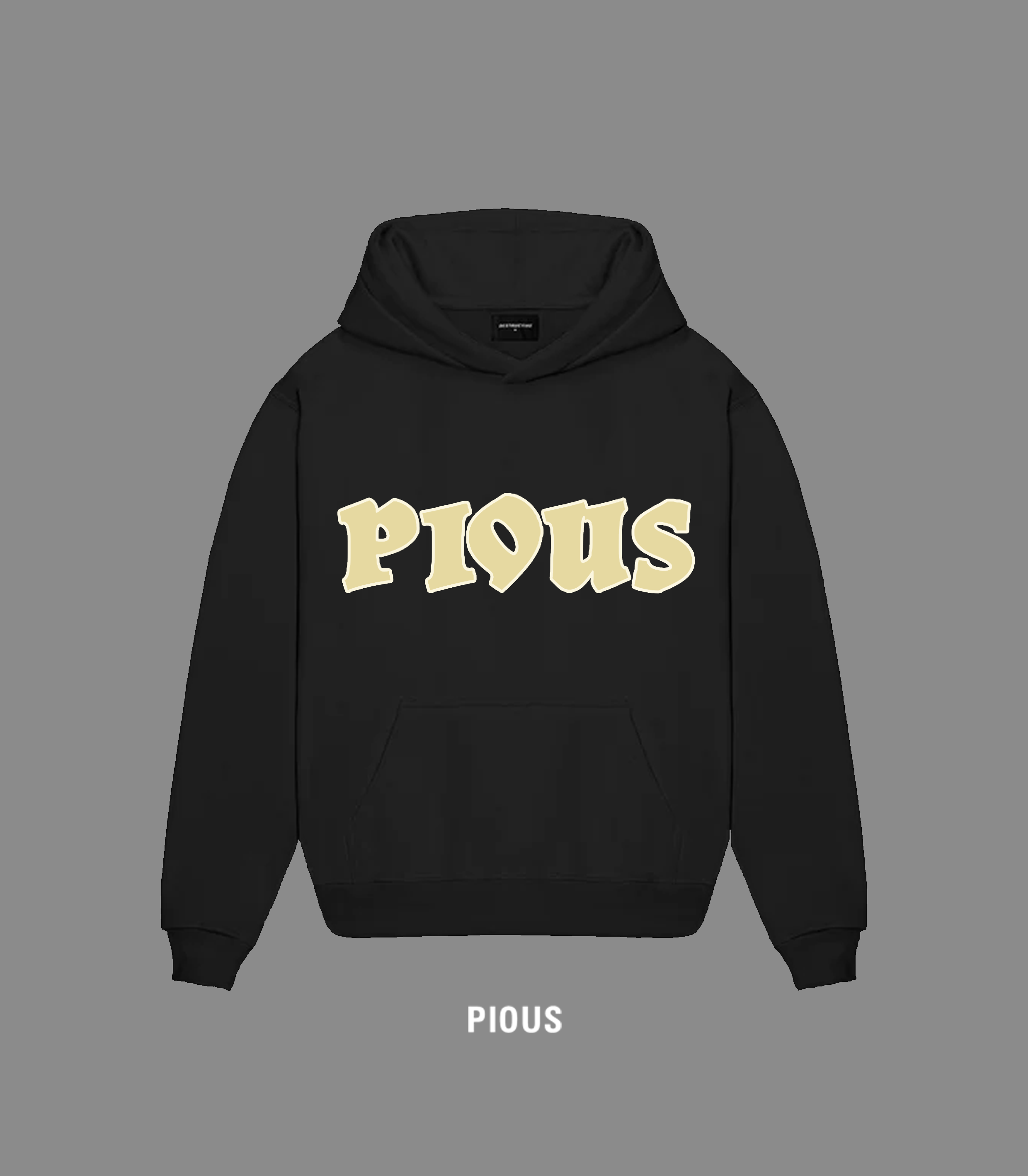 Pious Hoodie black with cream text.png