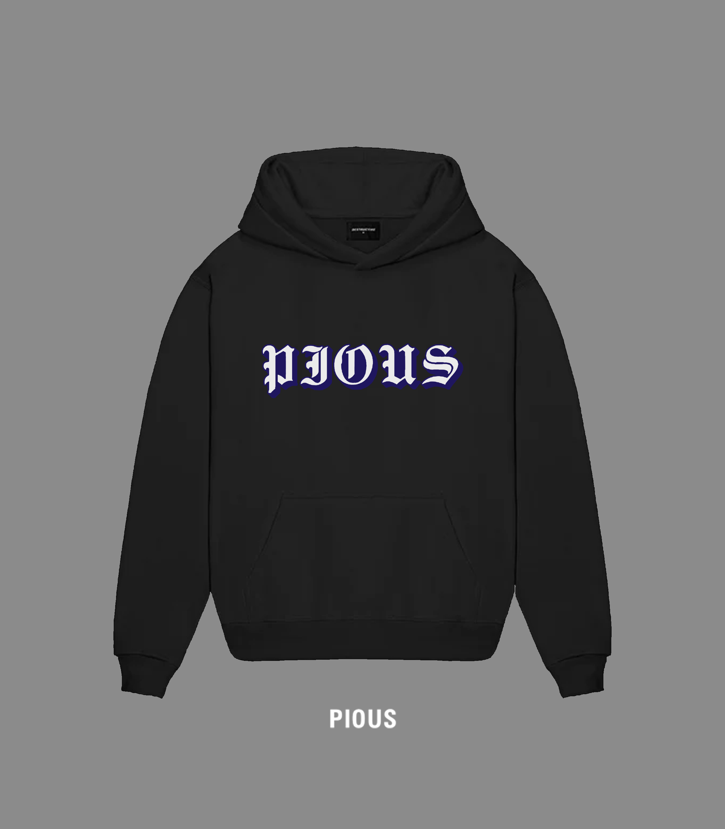 Pious Hoodie black with white and blue text.png