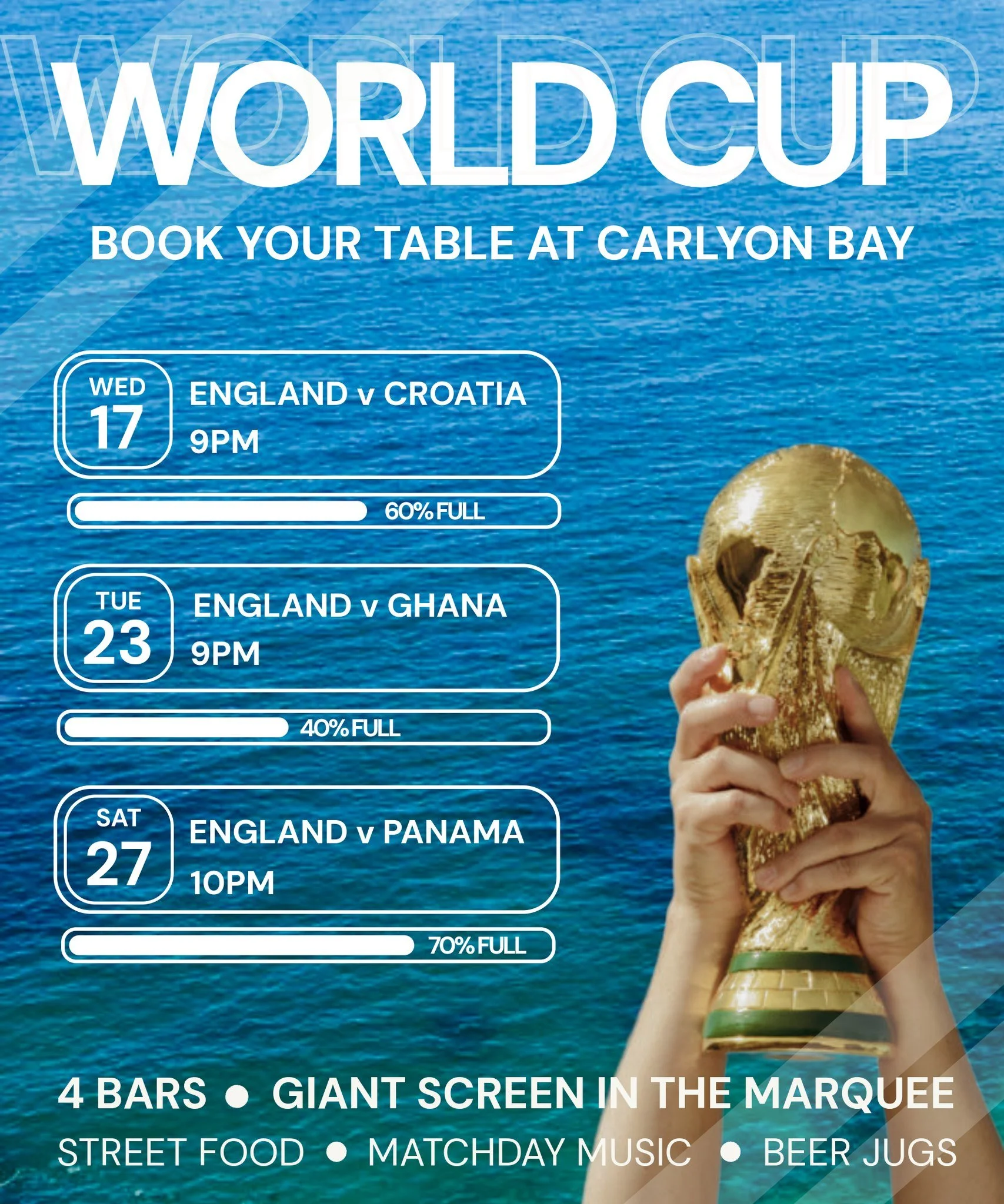 IT'S WORLD CUP WEEK 🌍

You guys have gone CRAZY for our fan zone in the marquee, with spaces filling up very quickly 🍻 Drop us a dm before you miss out!

The Men's Football World Cup kicks off this Thursday, creeping ever closer to England's first 