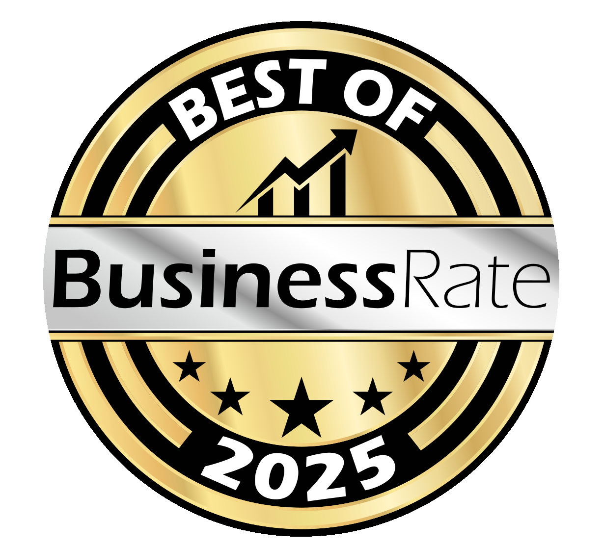 Gold and black badge with the logo and text 'Best of Business Rate 2025' and an upward trending arrow.