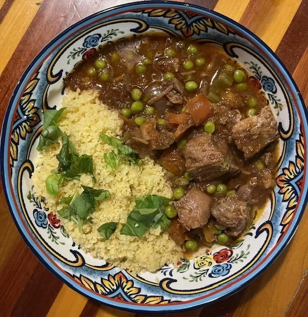 bowl of beef stew and rice from Red Stove Farm