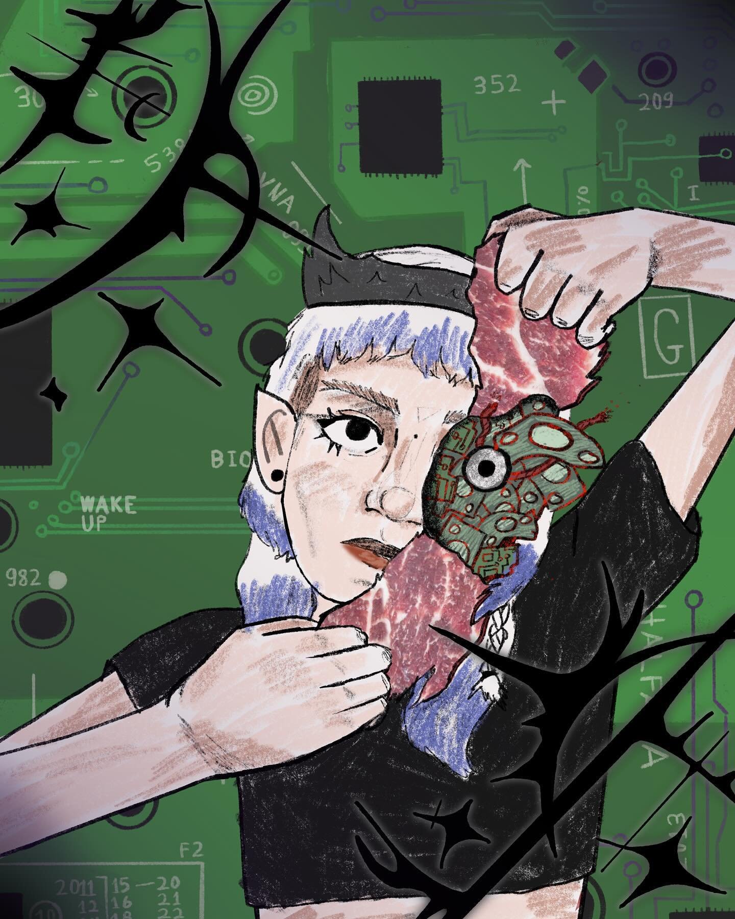 Recent editorial piece for my ILLU 325 class :) its meant to be grimes but it doesn't quite look like her (making stylized portraits recognizable is one of my weak spots 😵&zwj;💫) but otherwise pretty happy with this one! yippee for progress!
🍓
🍓

