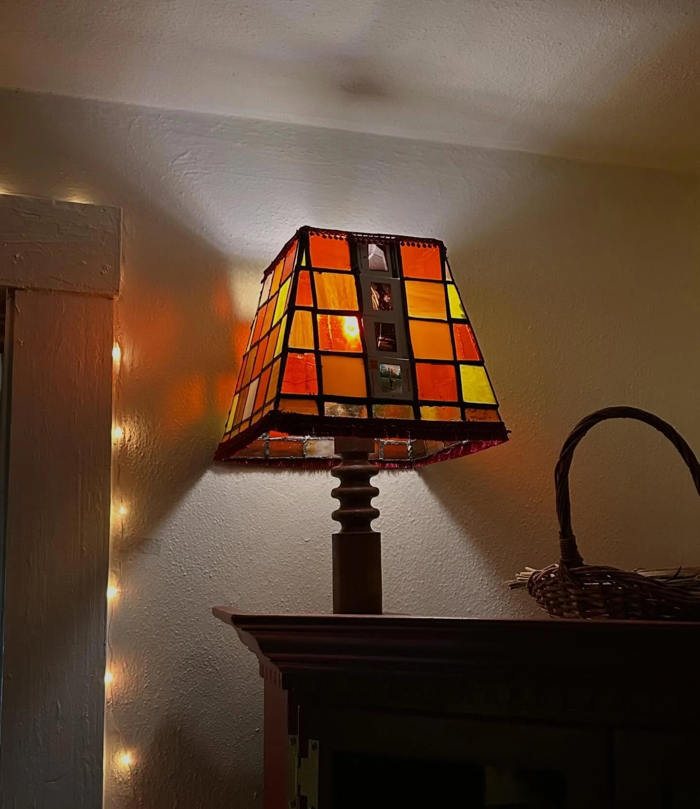 Untitled Lamp (2026).
stained glass, photo slides, ribbon

As my first semester in my historic preservation program wraps up I just wanted to share my final in stained glass. I had never worked with glass before this class so it was daunting and I ha