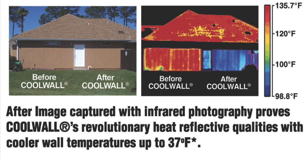 COOLWALL Tex-Cote | Before & After infrared images that show the heat reflective qualities it contains, creating cooler wall temperatures up to 37 degrees Farenheit.