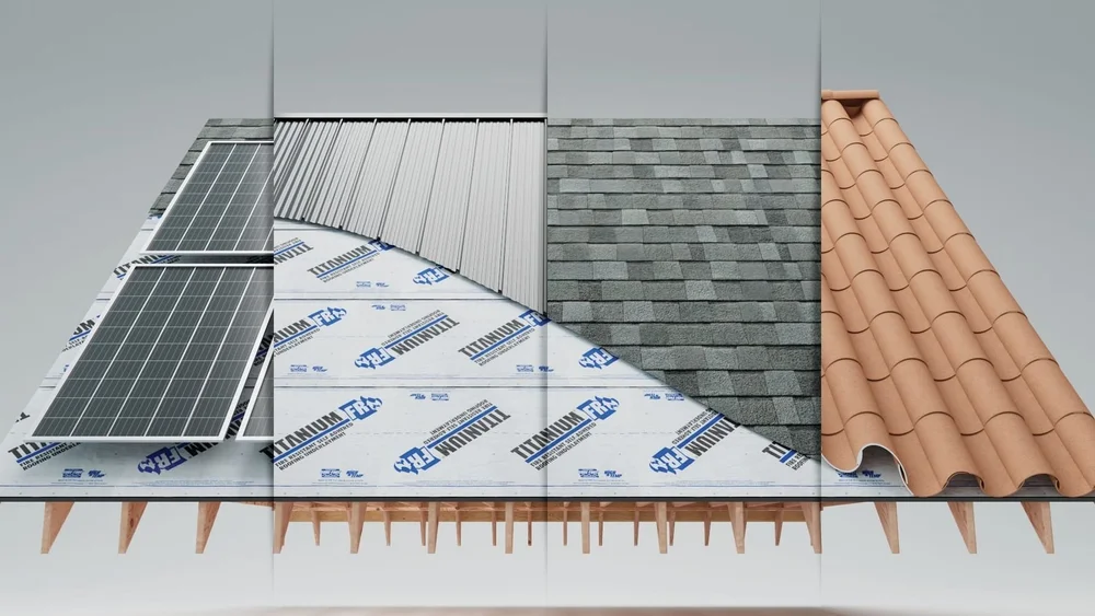 Owens Corning class-A fire rated underlayment Titanium FR shown underneath a roof with solar panels, under a metal roof, under regular asphalt shingles, and under a tile roof.