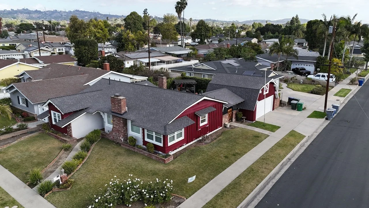 La Habra, California home with brand new exterior paint by Sherwin-Williams in shade "Burgundy" and flat stucco in shade "Alabaster"