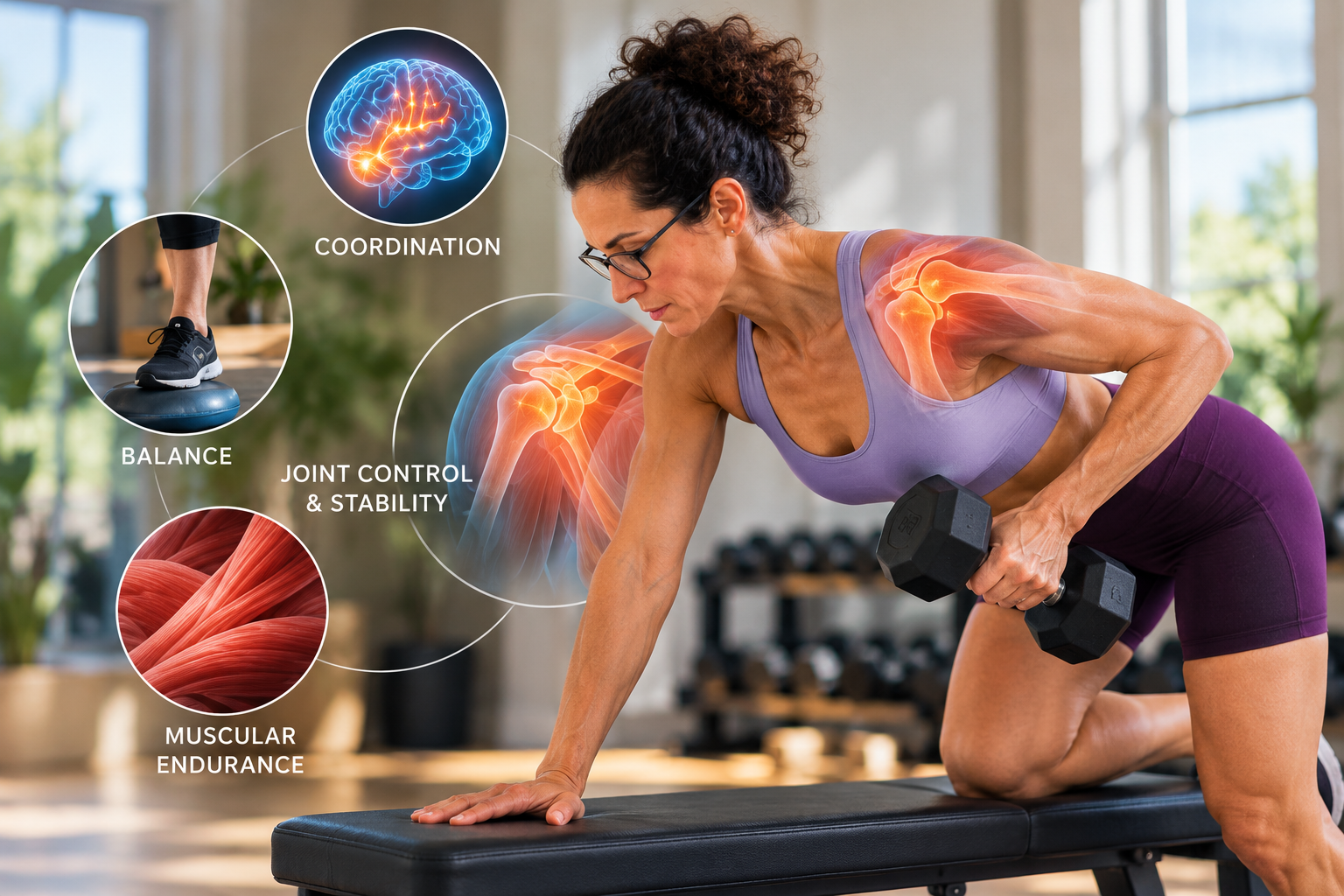 selina sahba lifting a dumbbell with graphics showing balance, coordination, joint stability and endurance.