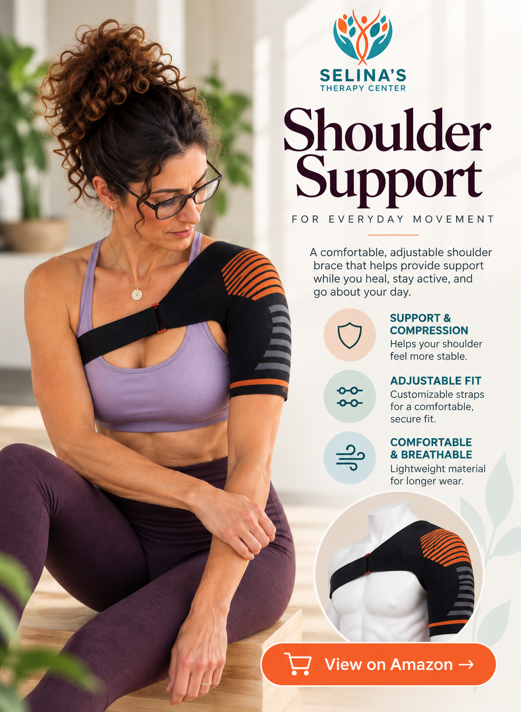 Shoulder support brace shown with Selina wearing it during recovery, designed to provide compression and adjustable support while allowing comfortable everyday movement.