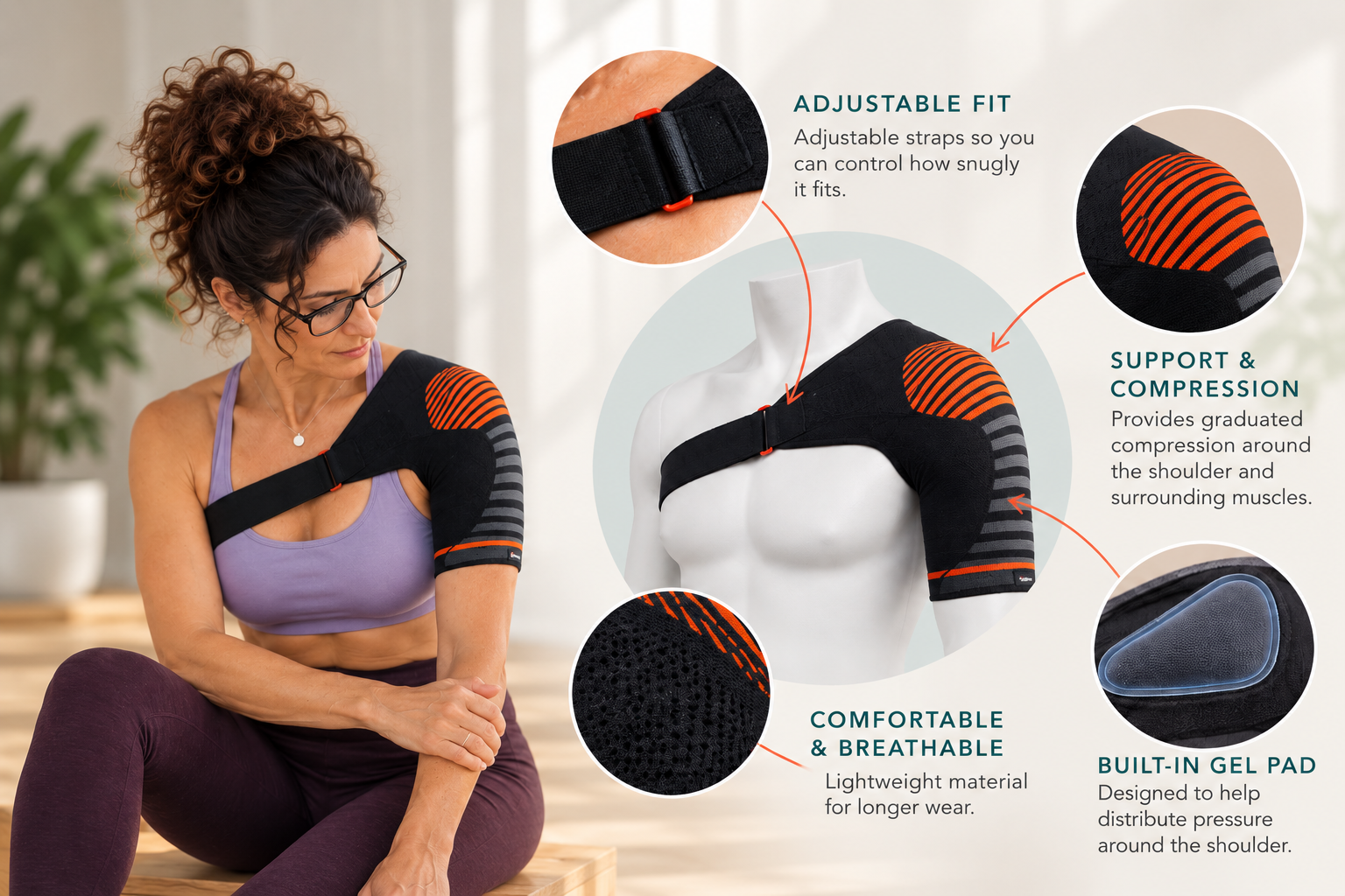 Selina wearing an adjustable shoulder brace, with close-up views showing the compression support, adjustable strap, breathable material, and built-in gel pad.