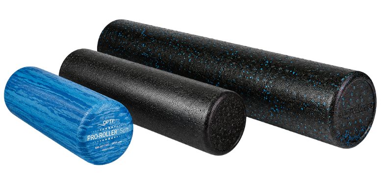 Three foam rollers in different sizes and densities on a white background.