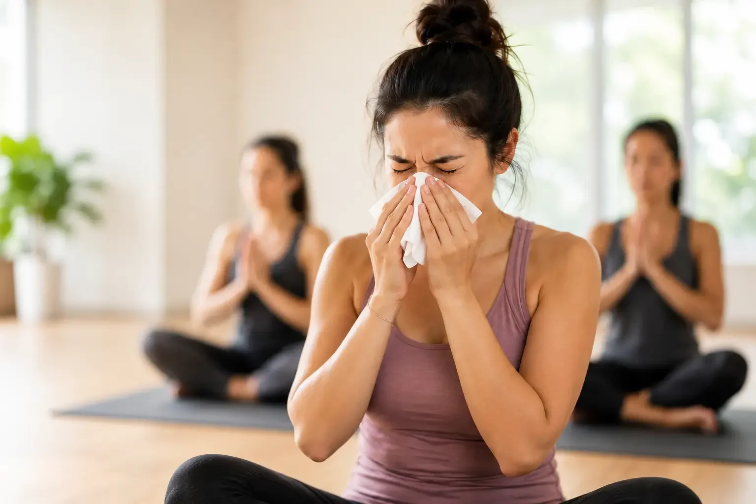 Woman blowing her nose during a yoga class after exercise triggers a runny nose and watery eyes.