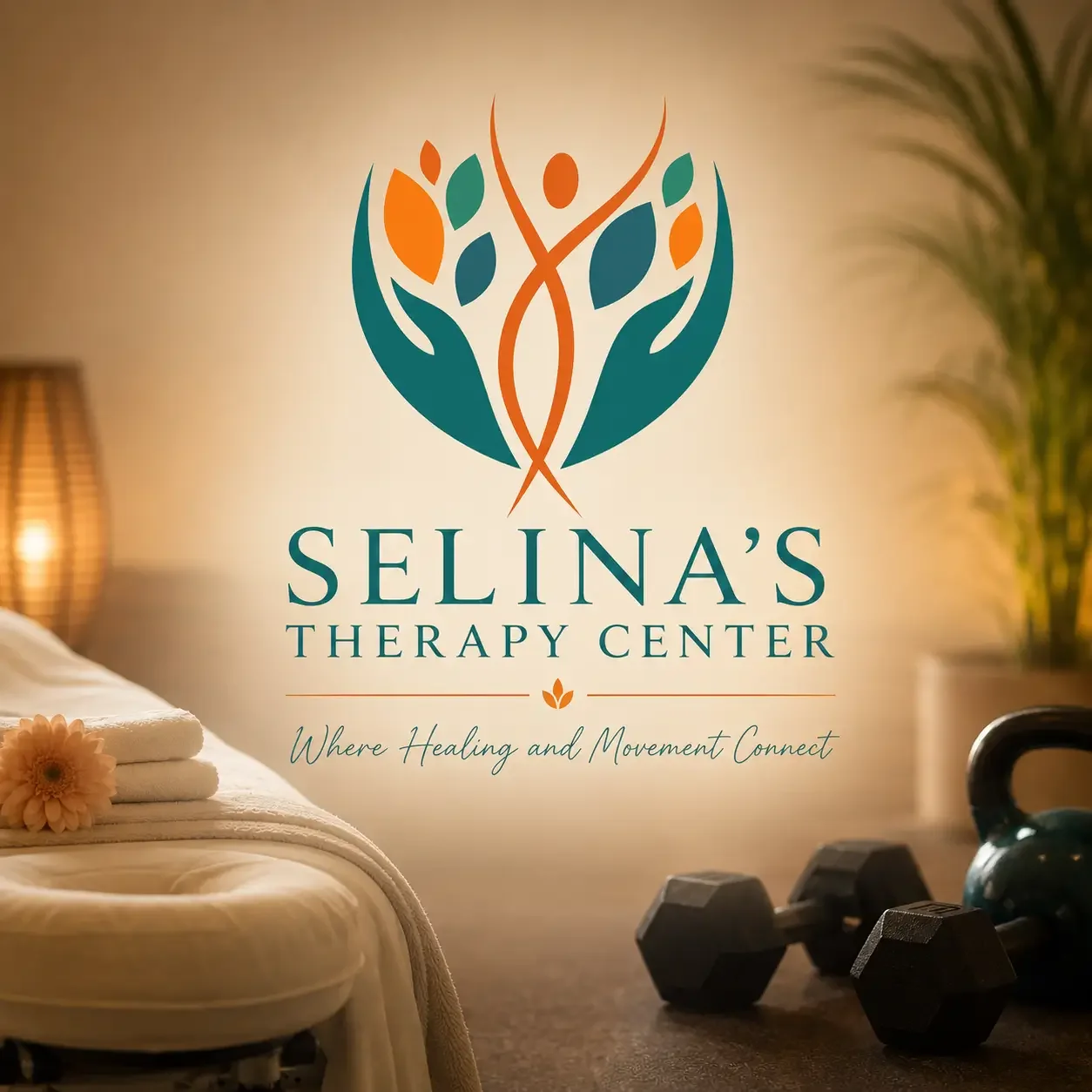 Logos and decor of Selina's Therapy Center, featuring a stylized tree with leaves in orange and green, a massage table with towels and a flower, and fitness equipment, with the slogan 'Where Healing and Movement Connect'.