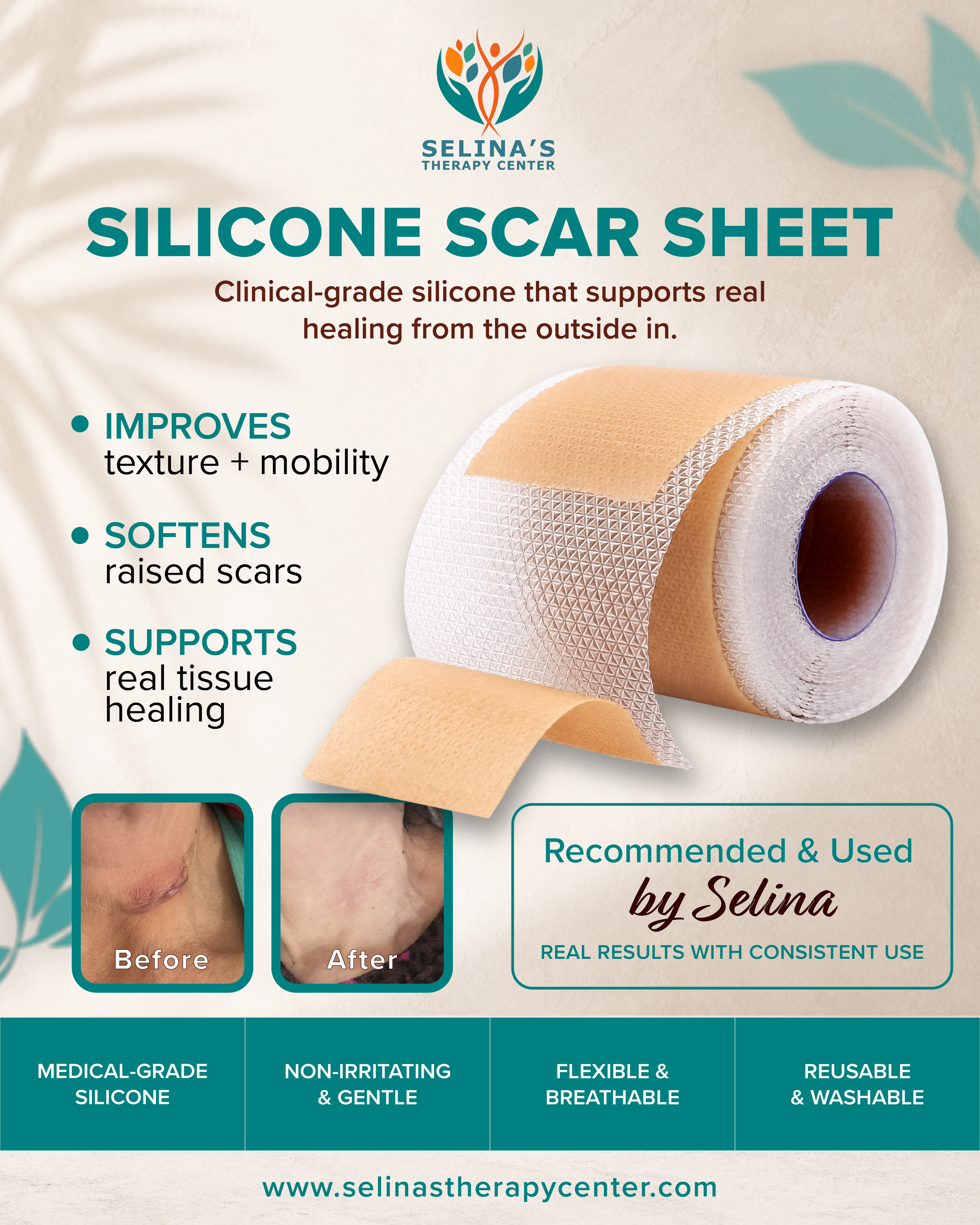Silicone scar sheet with before and after results, improves texture and softens scars.