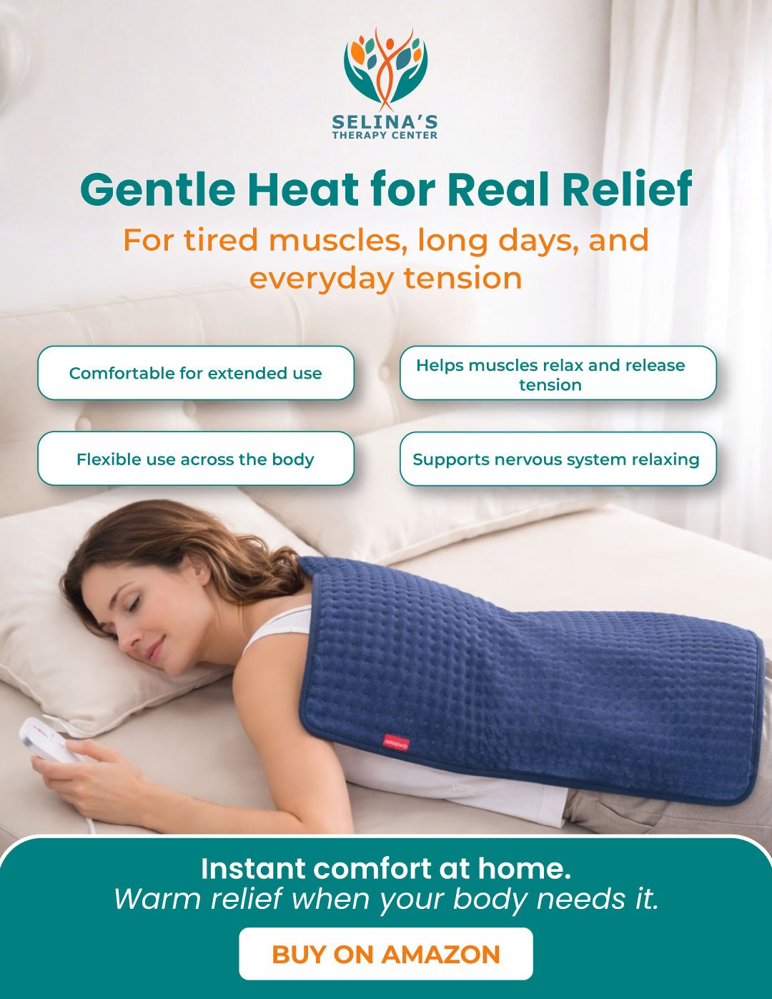 Woman resting on a bed using a blue heating pad on her back for nighttime relaxation and muscle relief.