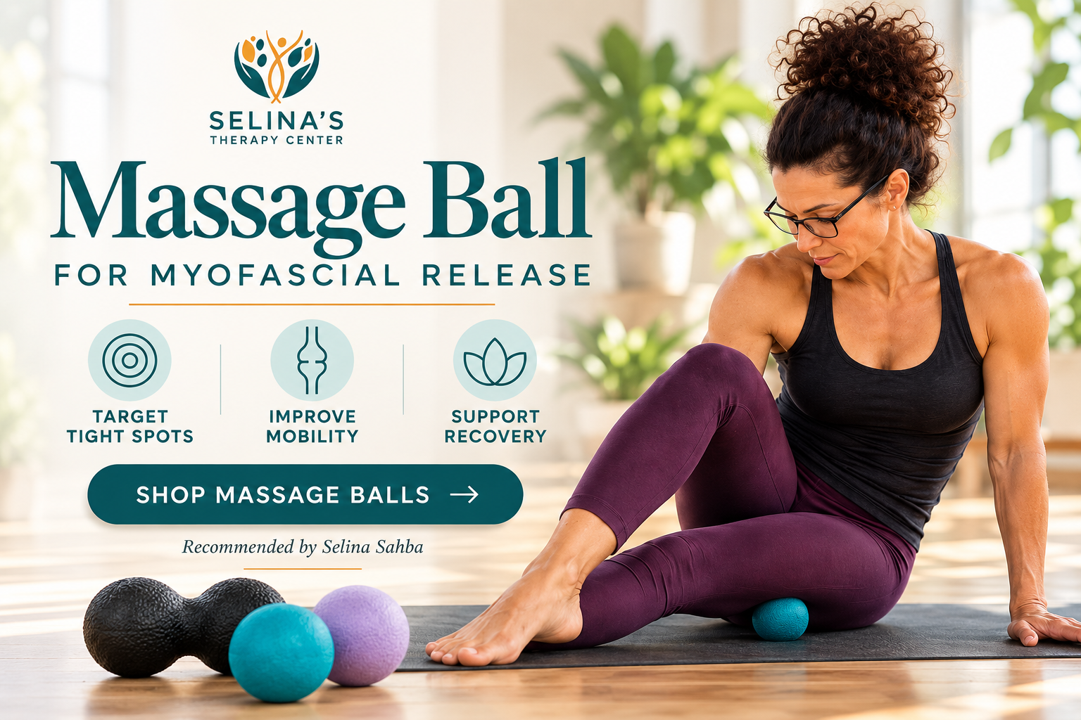 Selina Sahba using a massage ball with a diagram showing fascia, muscle and soft tissue.
