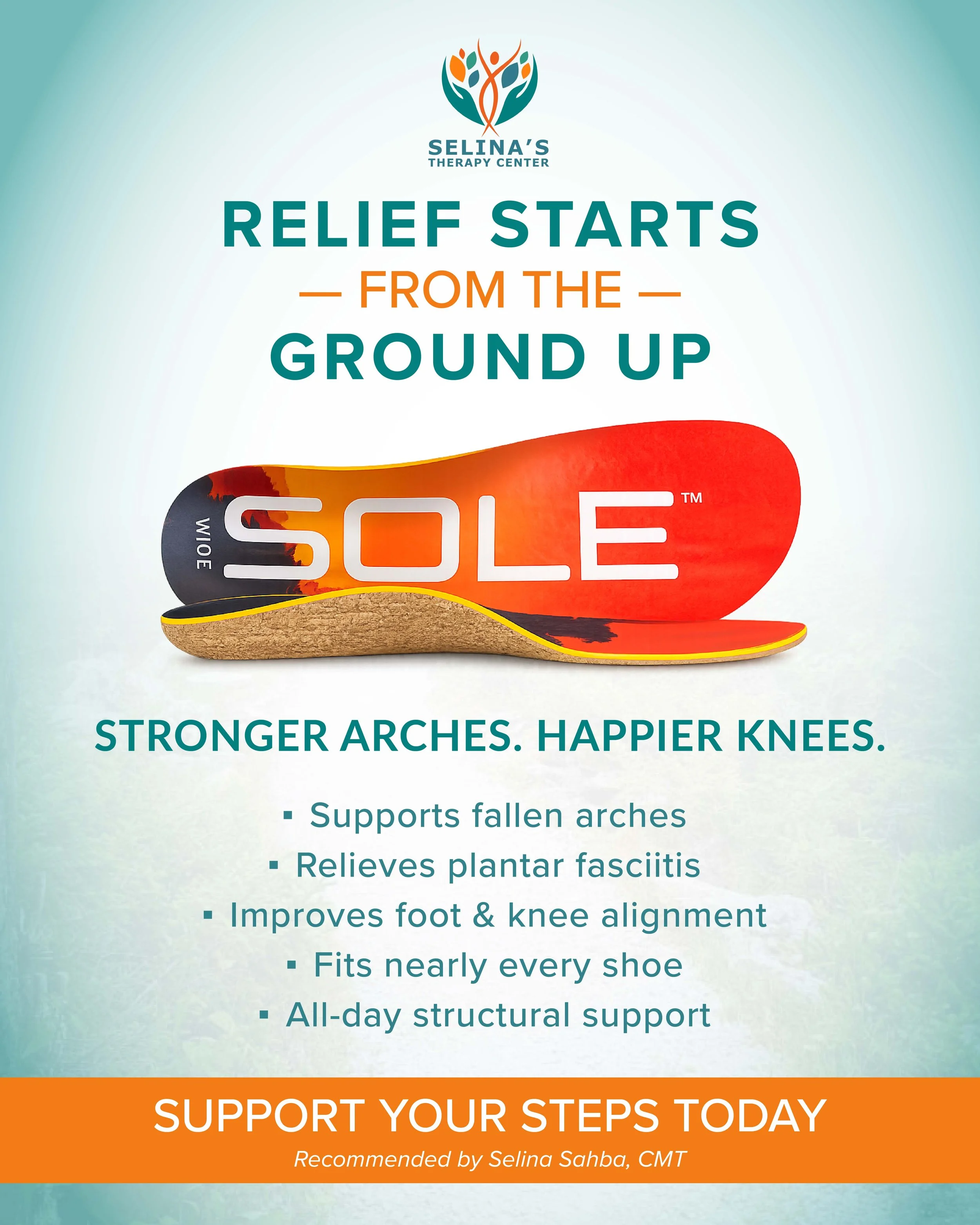 SOLE orthotic insoles recommended by Selina Sahba for arch support, plantar fasciitis relief, and alignment.