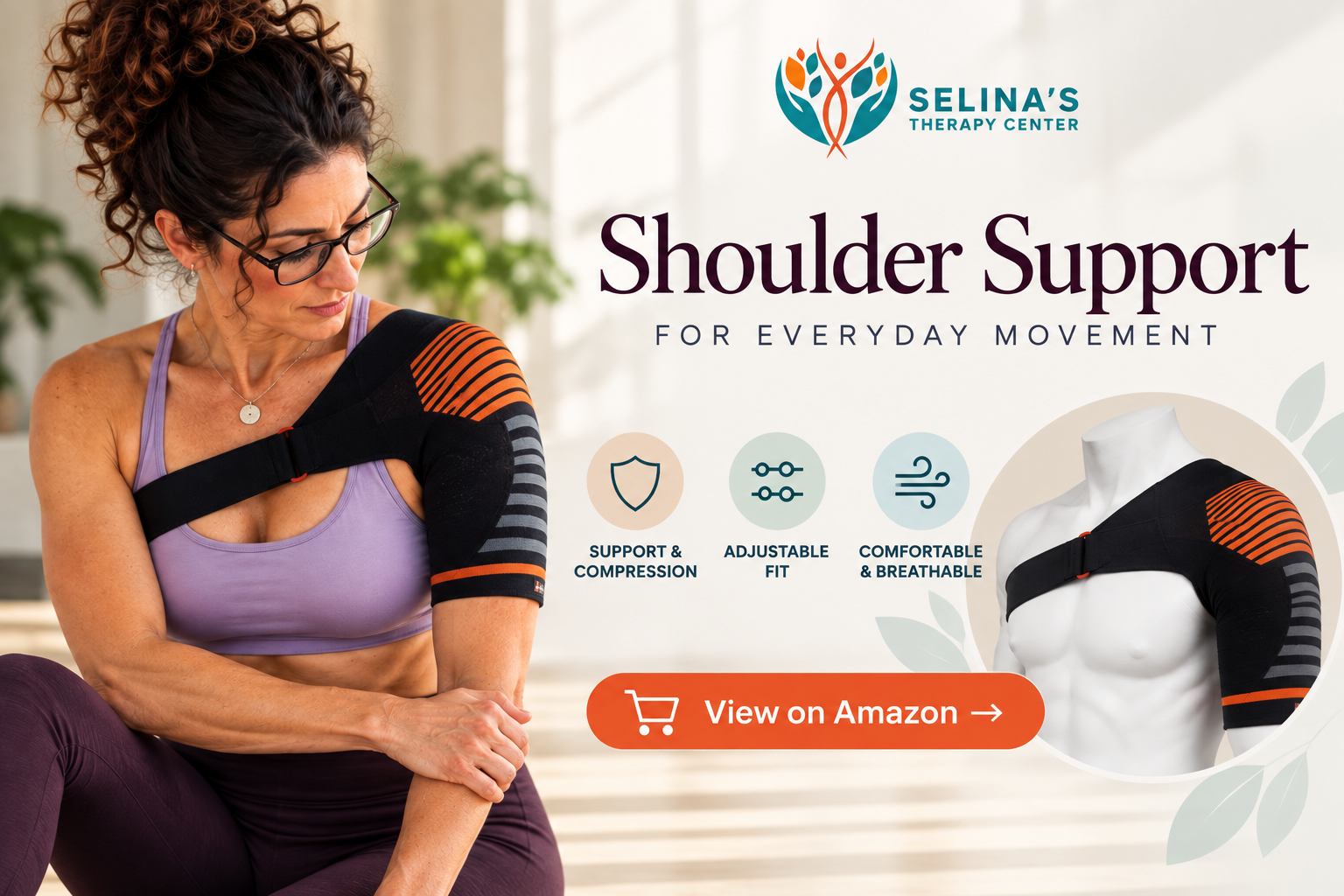Selina wearing a black shoulder support brace with orange accents, alongside the brace product image and features including compression, adjustable fit, and breathable material.