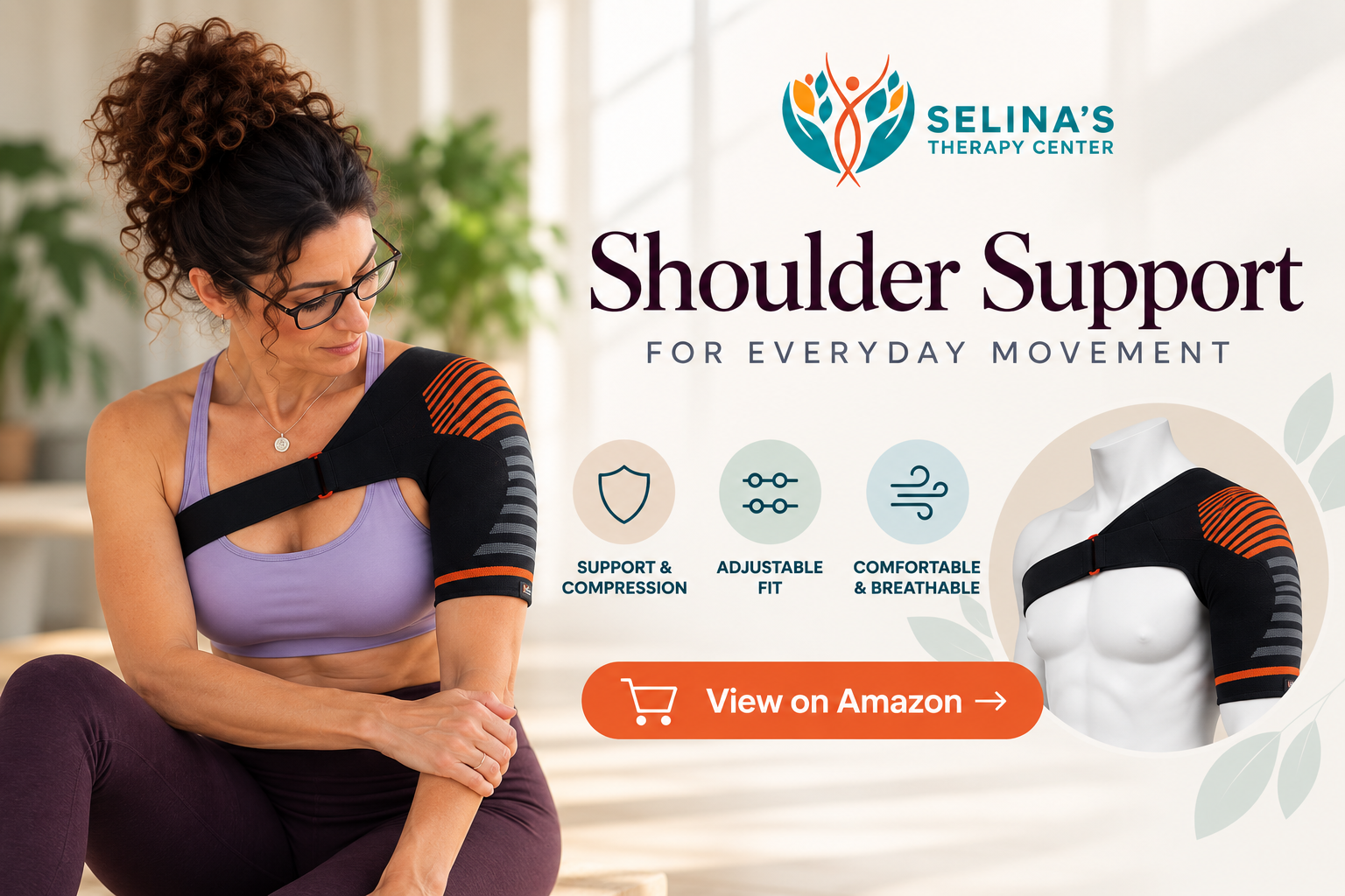 Selina wearing a black shoulder support brace with orange accents, alongside the brace product image and features including compression, adjustable fit, and breathable material.