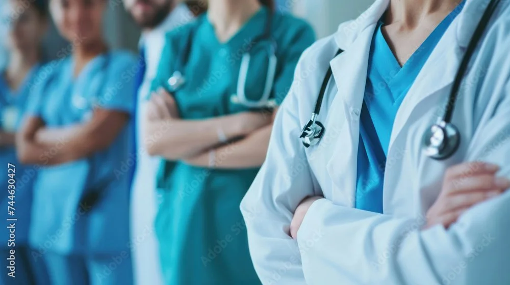 Medical team of nurses and doctors standing with arms crossed, wearing scrubs and stethoscopes.