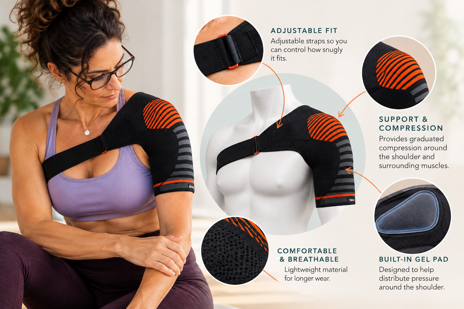 Selina wearing an adjustable shoulder brace, with close-up views showing the compression support, adjustable strap, breathable material, and built-in gel pad.
