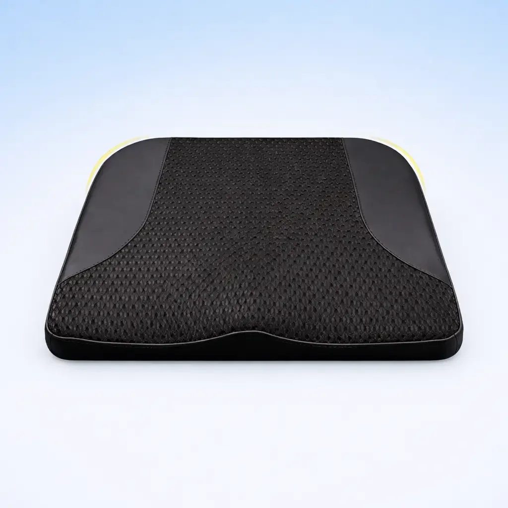 Portable ergonomic seat cushion with built-in carry handle for back and posture support.