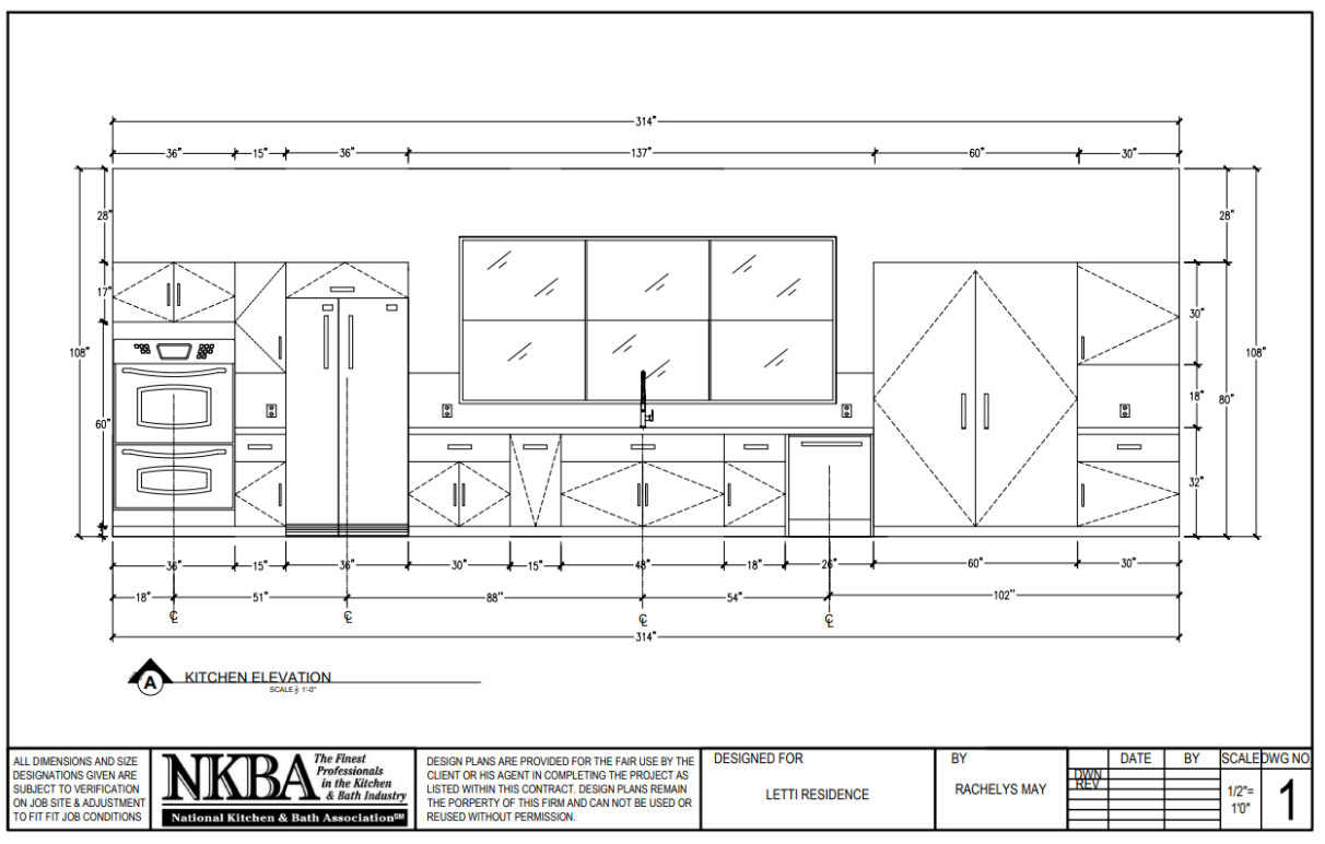 Main Kitchen Elevation:
A detailed wall elevation showing cabinet organization, refrigerator, oven/microwave combo, sink placement under a large window, and ample storage.