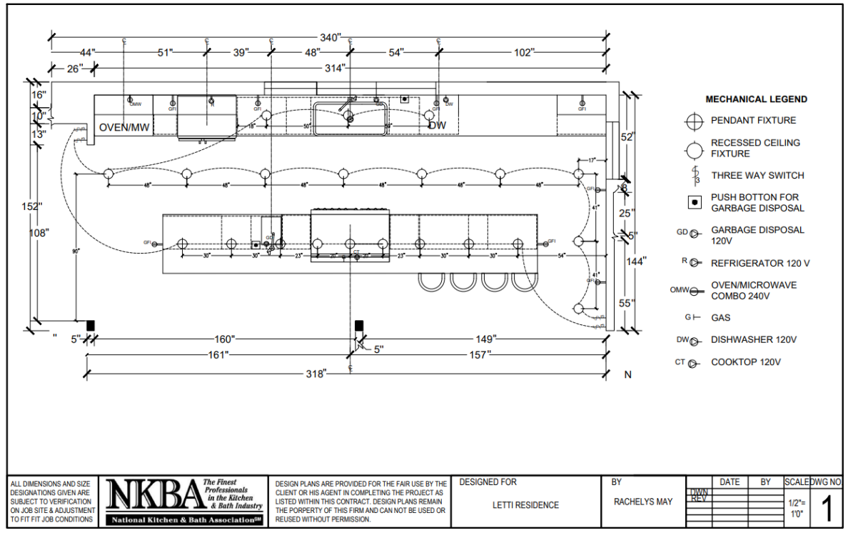 Reflected Ceiling Plan:
Shows the ceiling layout including pendant and recessed lighting, switches, and the location of key kitchen appliances. It emphasizes a thoughtful lighting arrangement for both function and ambiance