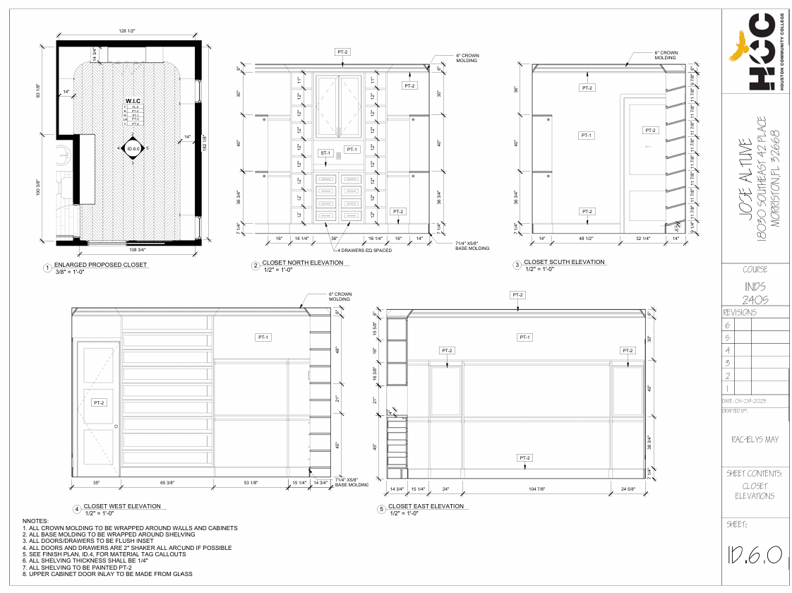 Custom walk-in closet elevations featuring floor-to-ceiling shelving, glass cabinet doors, and luxurious crown molding for a high-end, organized space.