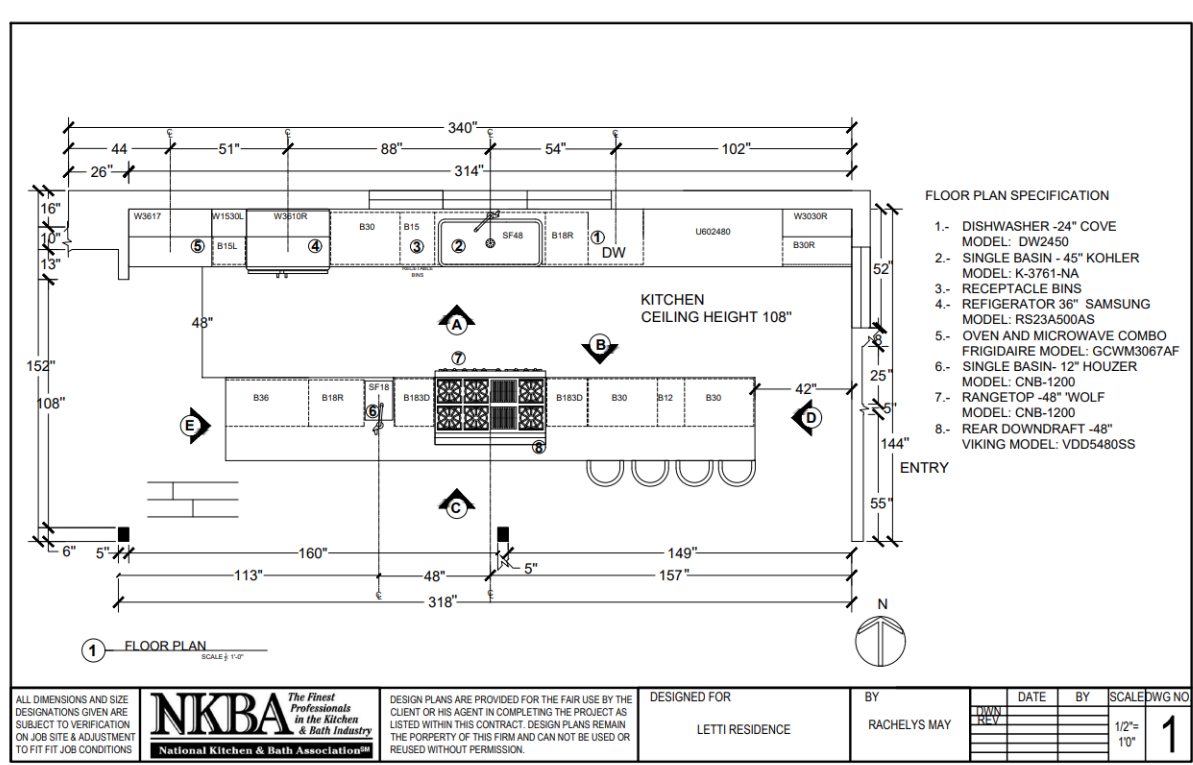 Floor Plan with Appliance Callouts:
Shows the full kitchen layout from a top view with labeled appliances and cabinetry, making it easy to visualize traffic flow and equipment zones