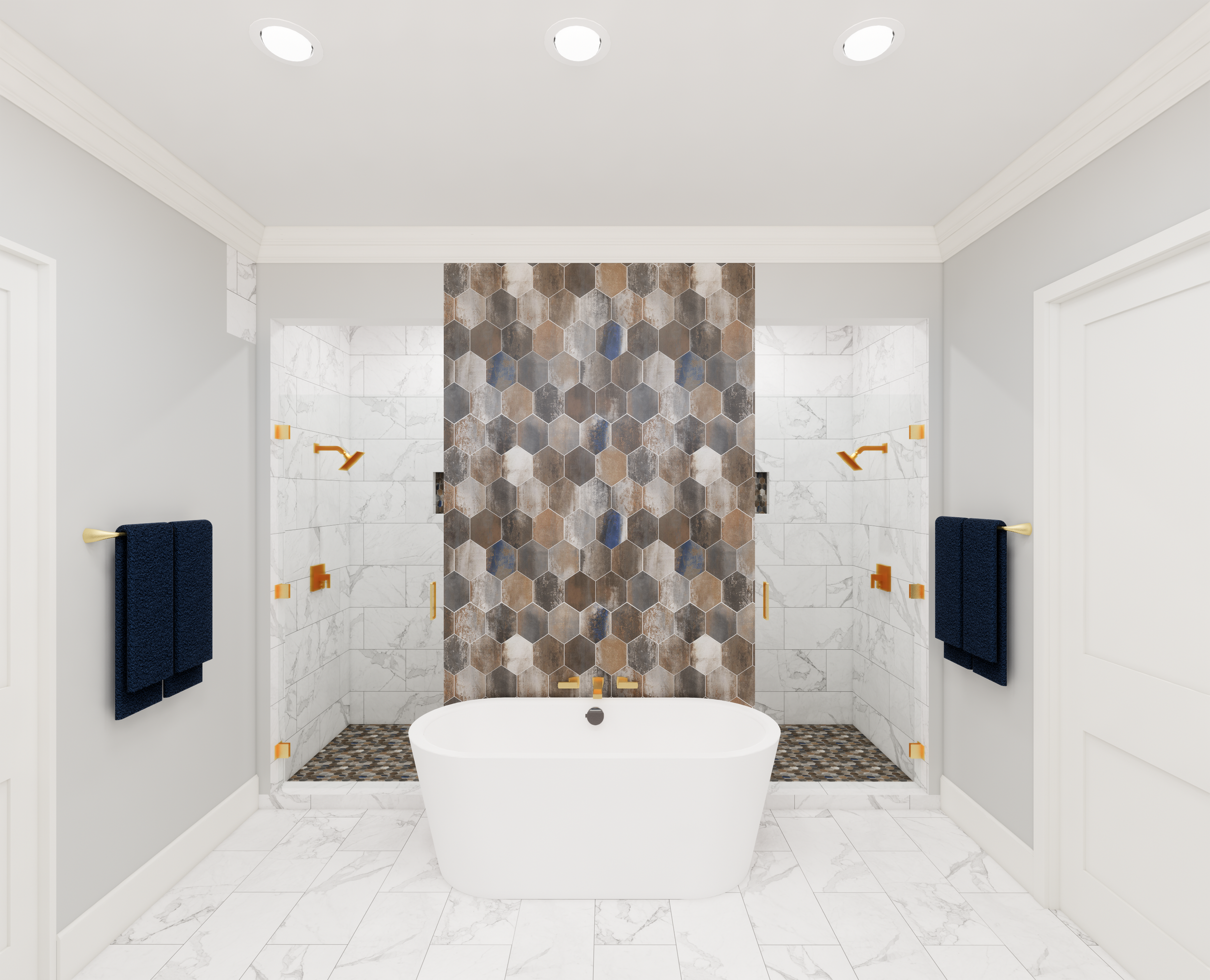 A modern bathroom featuring a freestanding tub framed by bold hexagon tile. The mix of warm and cool tones adds texture and contrast. Gold fixtures provide a touch of elegance, while recessed ceiling lights evenly brighten the space, highlighting the