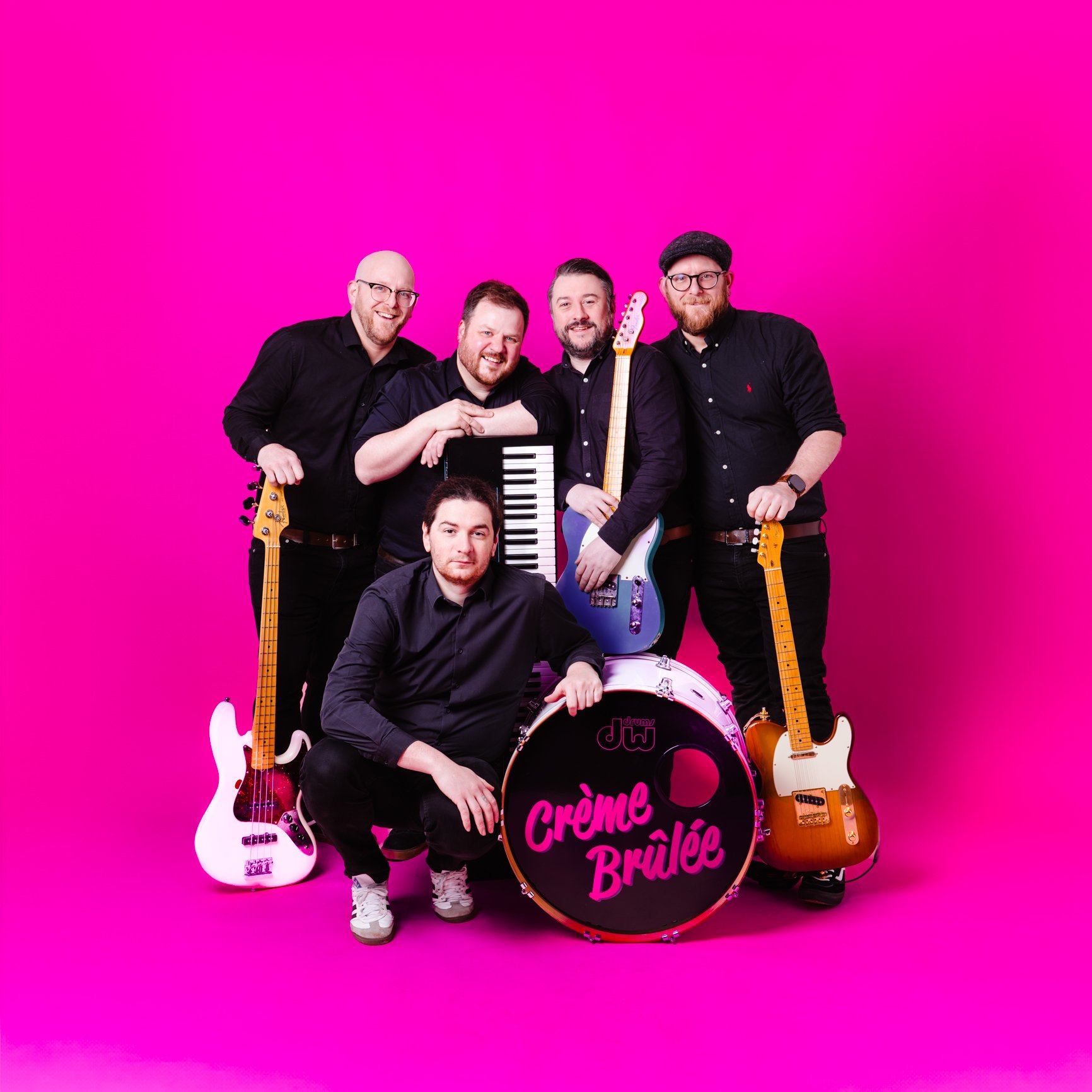 5-Piece Covers Band, Crème Brûlée posing with Instruments