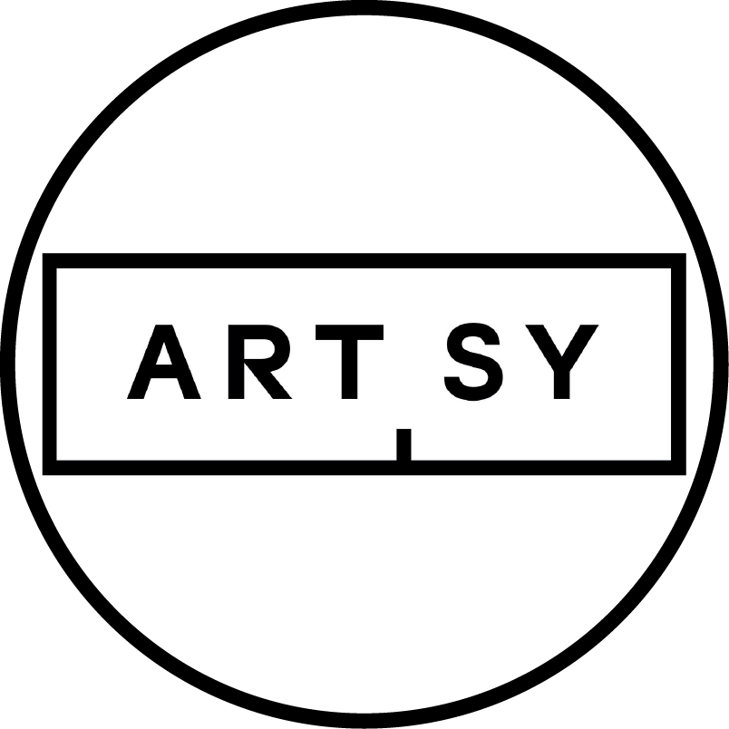 Logo with the word Artsy in a thin black lined rectangle with a white background enclosed on a white circle and black outline