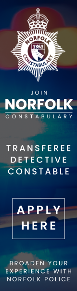 Norfolk Constabulary badge with text encouraging to join as a transfer detective constable and apply here, with a dark blue background.