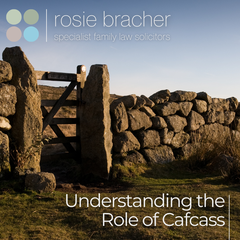 A stone wall with a wooden gate open to a dirt path in a rural landscape during late afternoon; text overlay includes 'rosie bracher', 'specialist family law solicitors', and 'Understanding the Role of Cafcass'.