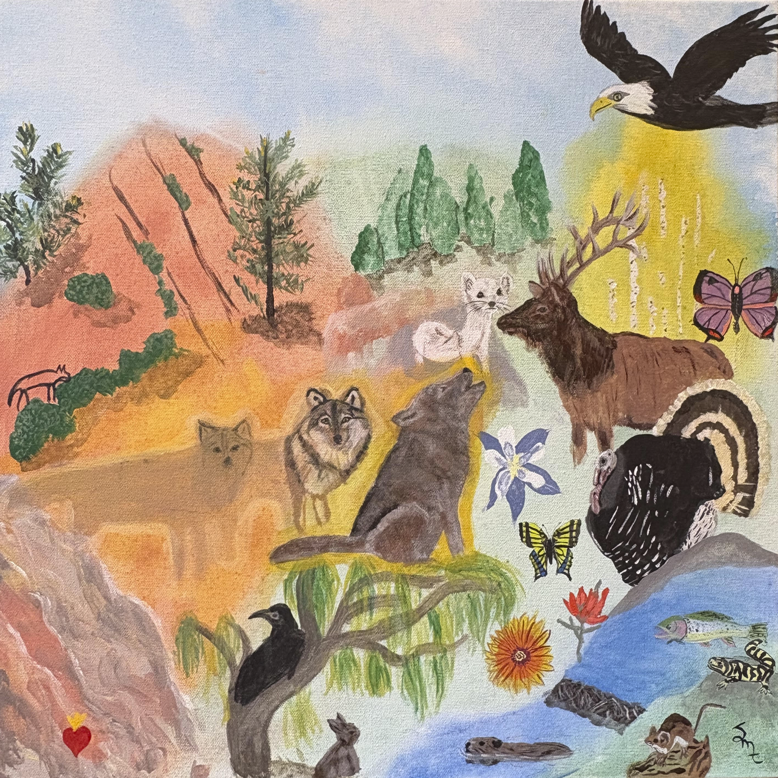 wolves and environment in ghostly format from left to right to show the hopes for the reintroduction of wolves into Colorado. On the right are an abundance of trees and plants and other animals versus the stark environment on the left.