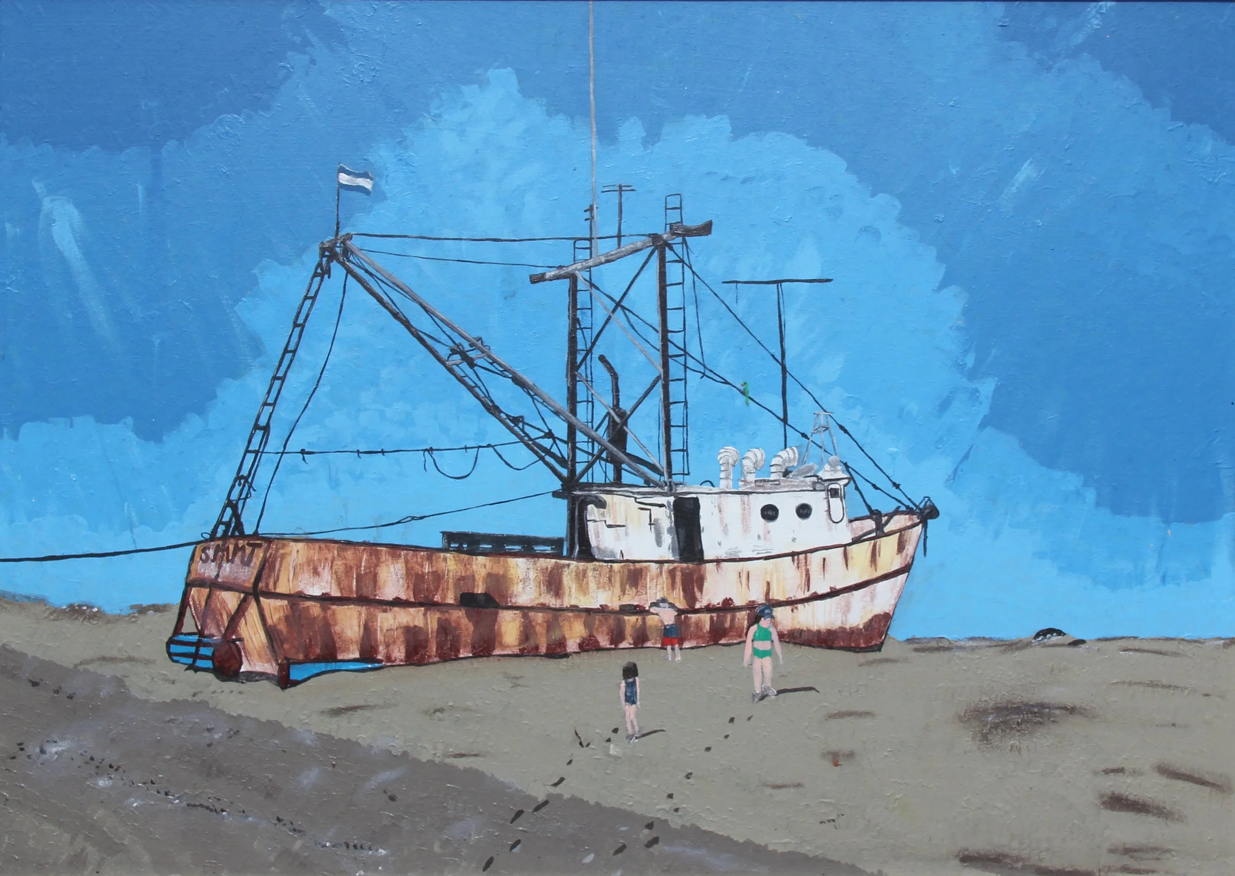 A grounded shrimp boat flying the El Salvador flag with kids looking in its port windows